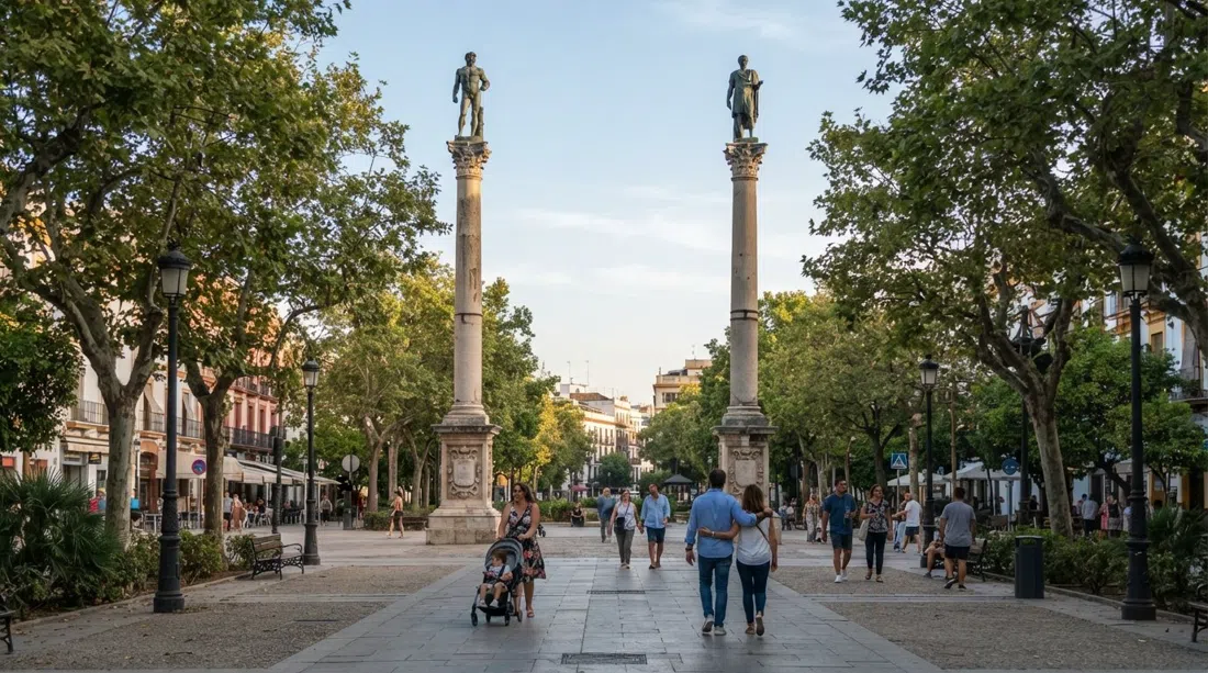 the Roman columns of the Alameda de Hércules at the southern end of the plaza, Hercules and Julius Caesar statues rising above the tree-lined promenade in late-afternoon light
