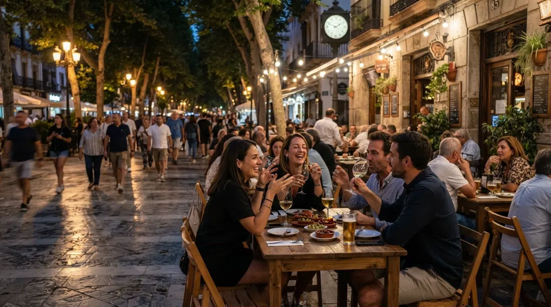 the terrace at Arte y Sabor on Alameda 85, tables facing the promenade with evening crowds and warm streetlight on the boulevard