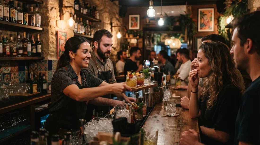 cocktails at Tremenda Muela on Calle Lumbreras, bartenders presenting sample glasses in a dim, intimate Cuba-inspired bar