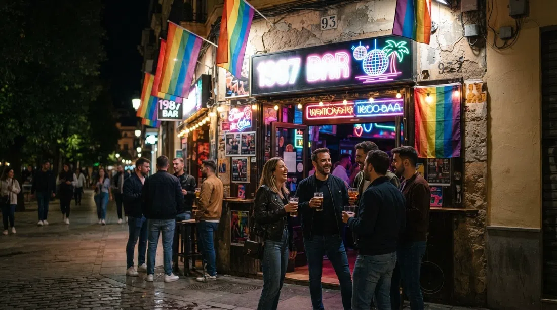 the neon-lit frontage of 1987 Bar on Alameda 93 at night, rainbow flags, 80s discopub signage and people gathering outside