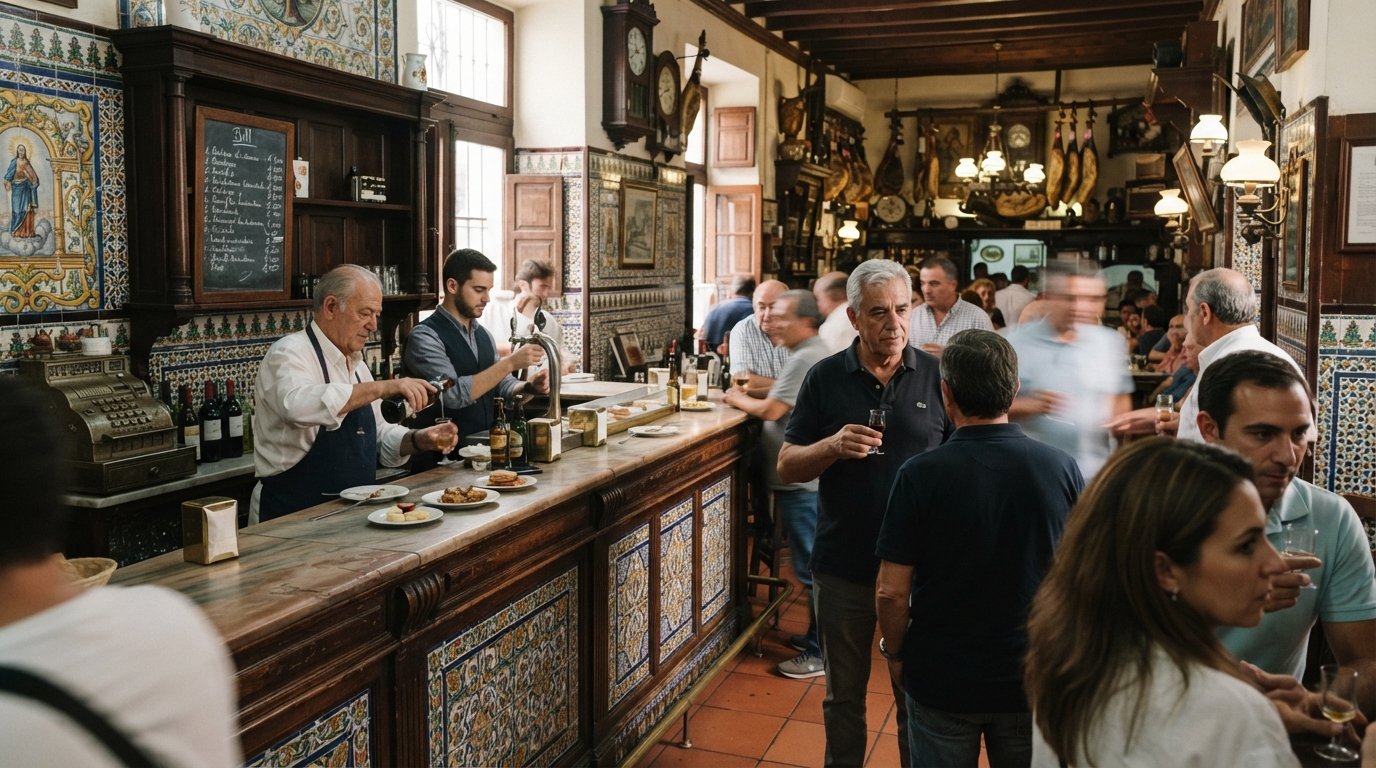 the historic interior of El Rinconcillo on Calle Gerona, centuries-old tilework, mahogany counters and a chalked bill on wood