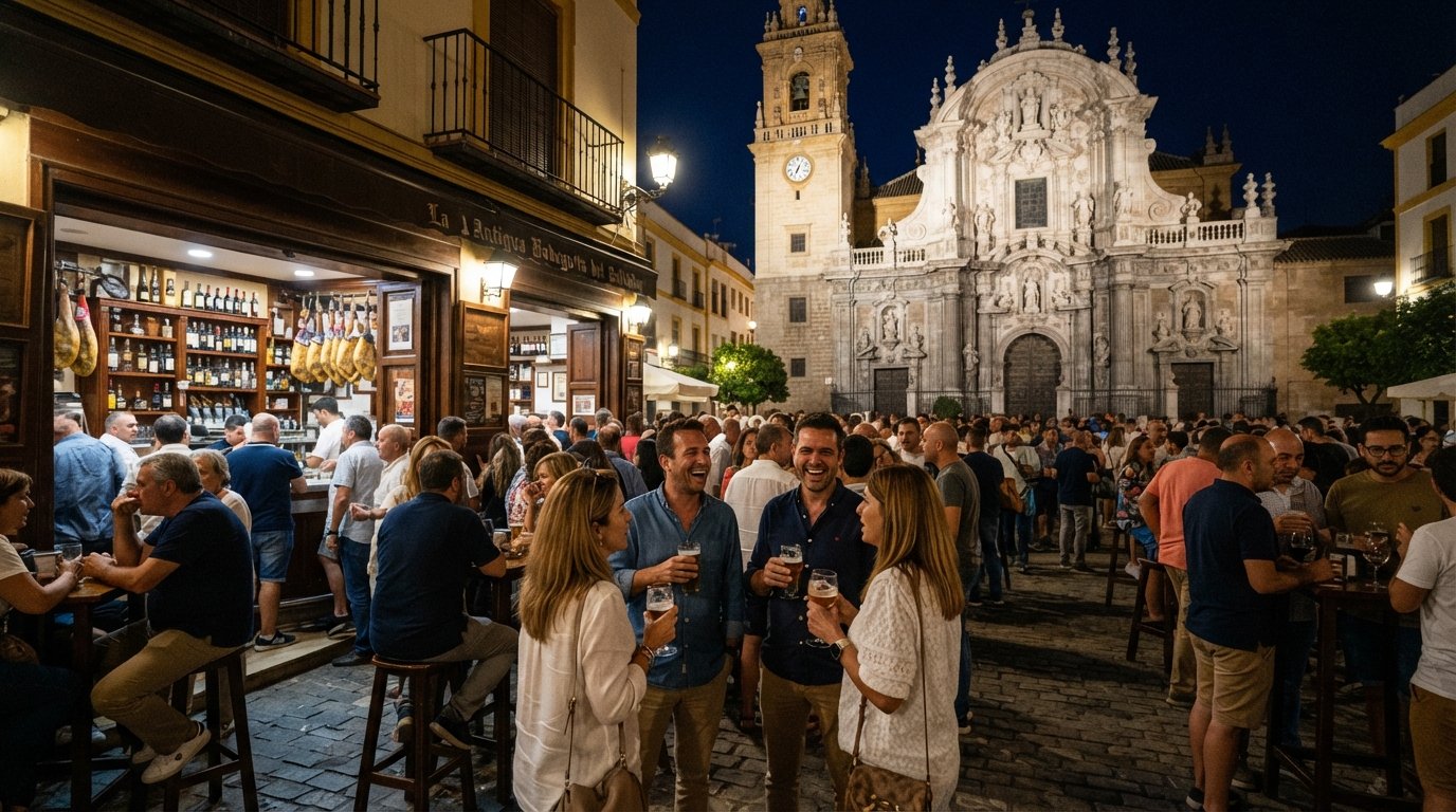Plaza del Salvador at night, La Antigua Bodeguita del Salvador busy with drinkers under the floodlit Baroque church