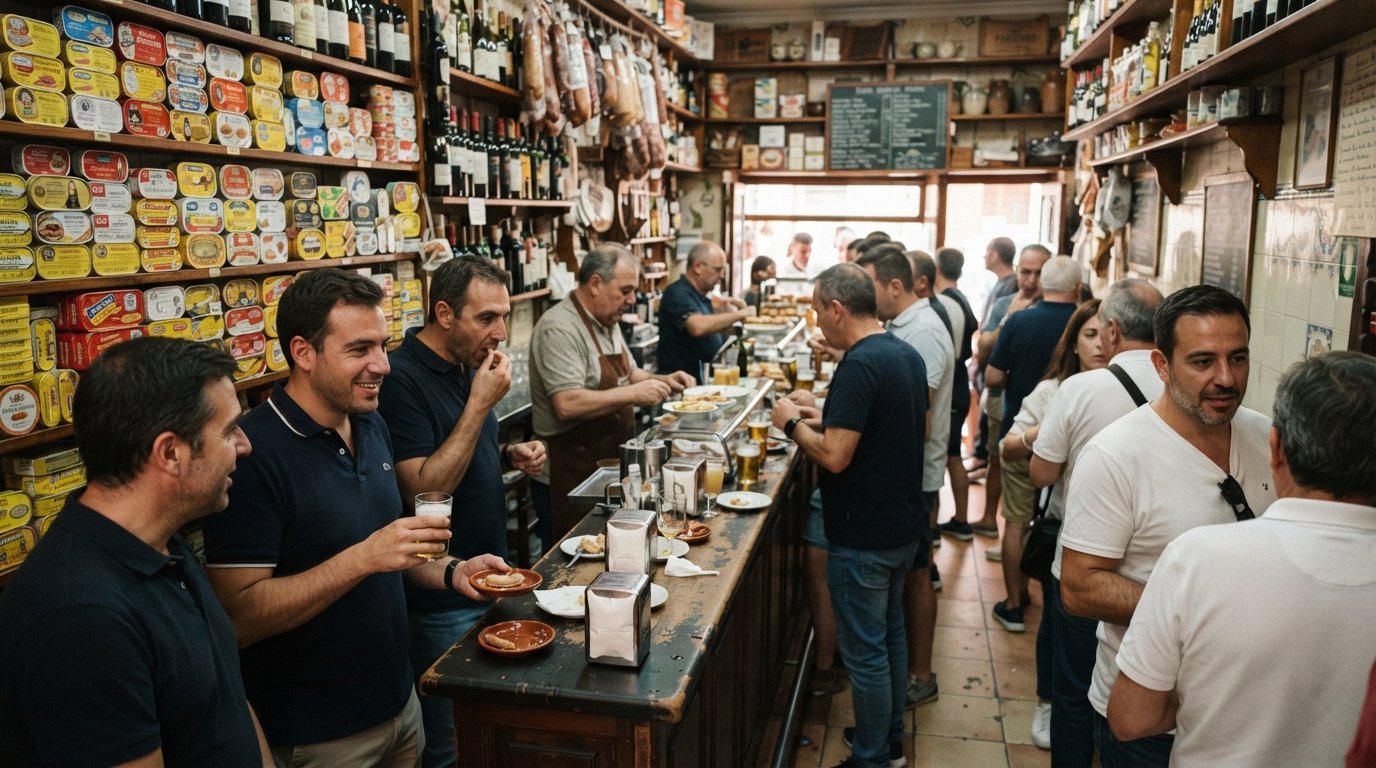 Casa Moreno’s hidden standing-room back bar behind the deli counter, with tinned seafood shelves and small tapas plates at €2.50 in a narrow, crowded interior