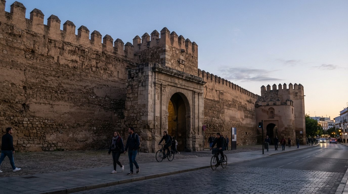 the Puerta de la Macarena and the adjoining Almohad wall at dusk, rammed-earth ramparts and the gate framed against a pale Seville sky