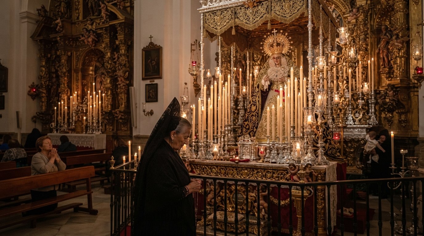 the interior of the Basílica de la Macarena with candlelight, gilded devotional details and the shrine atmosphere around the Virgen de la Esperanza Macarena