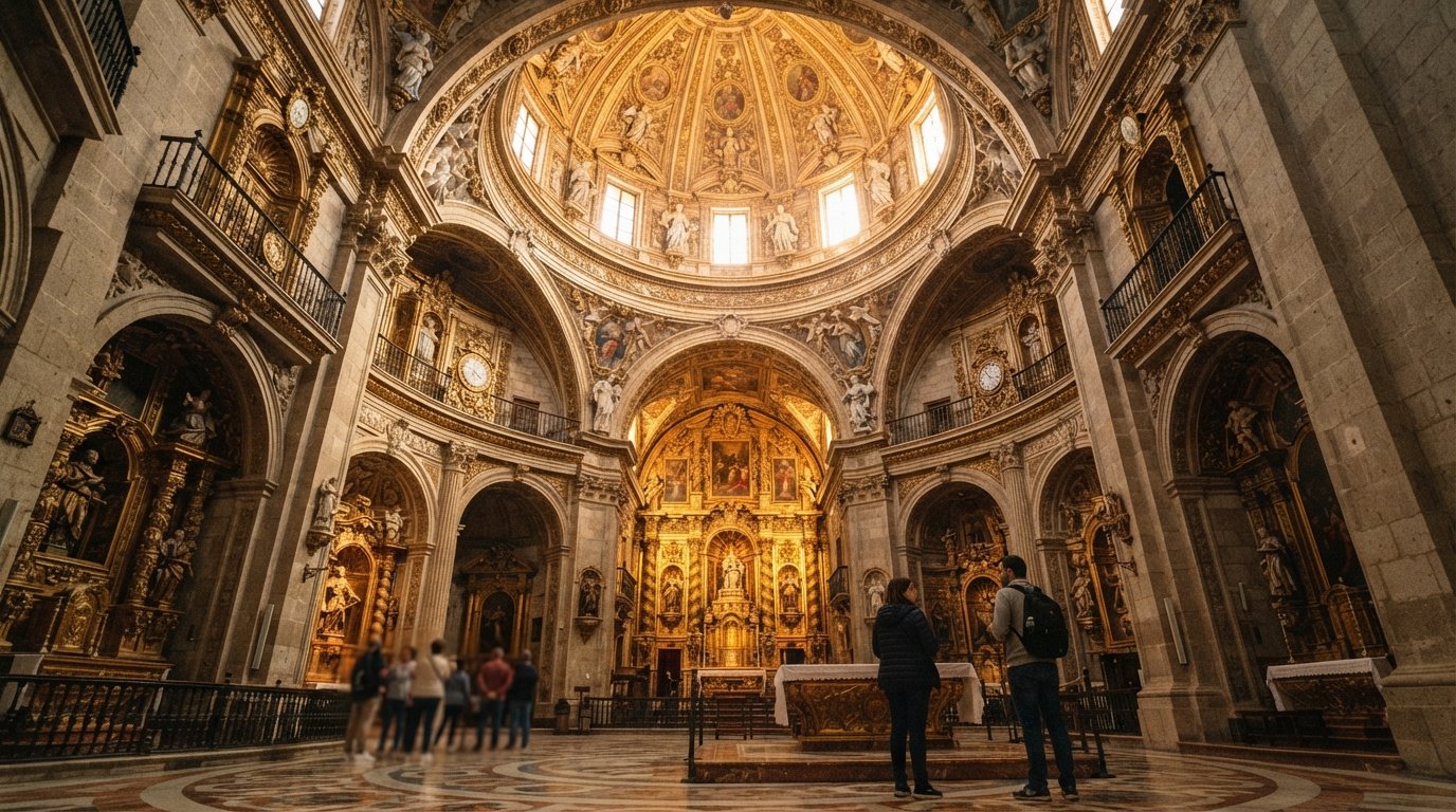 the circular Baroque interior of Iglesia de San Luis de los Franceses, soaring cupola, gilded altarpieces and warm light falling from above