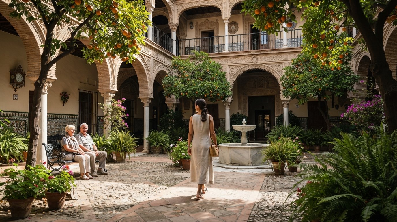 the patios and gardens of Palacio de las Dueñas, dappled sunlight on stone, orange trees and quiet Renaissance-and-Mudéjar details