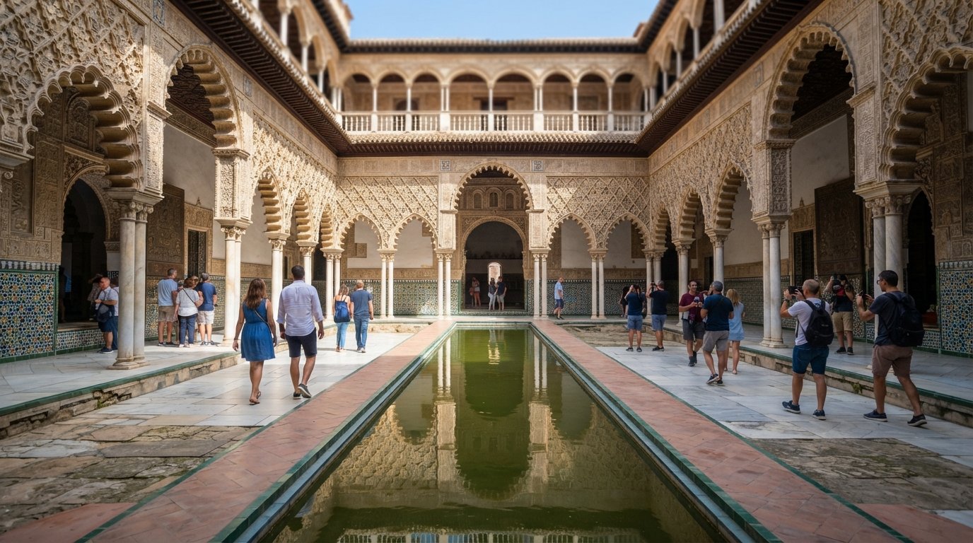 the Real Alcázar’s Patio de las Doncellas with its long reflecting pool, carved arches and tiled walls in bright Seville daylight