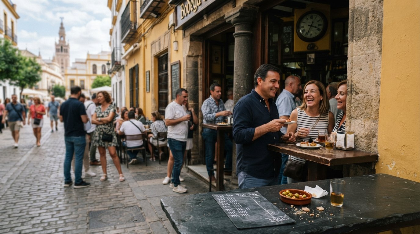Bodega Santa Cruz (Las Columnas) with its yellow frontage, standing customers on the cobbles and a chalked bar tab in the foreground