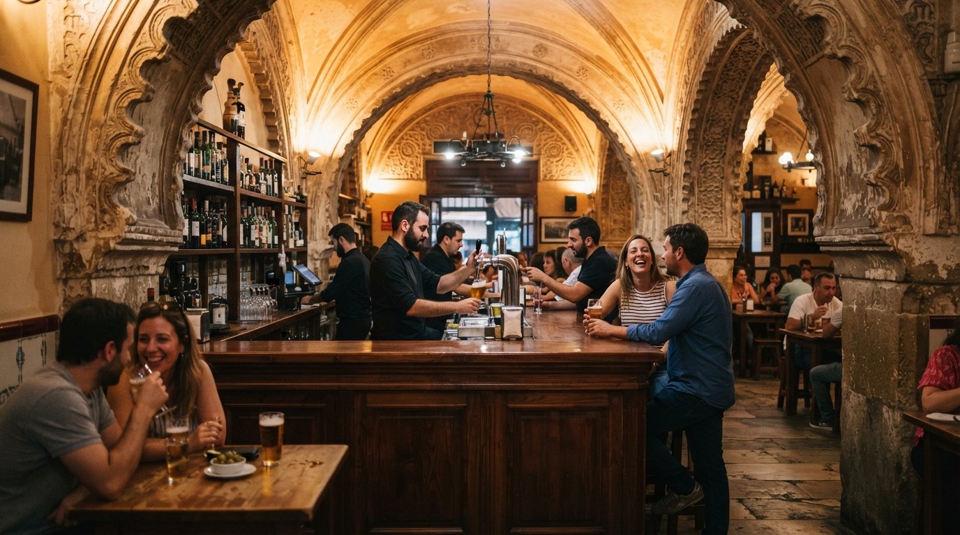 the preserved Almohad bathhouse vaults inside Cervecería Giralda, stone arches framing the bar at warm evening light