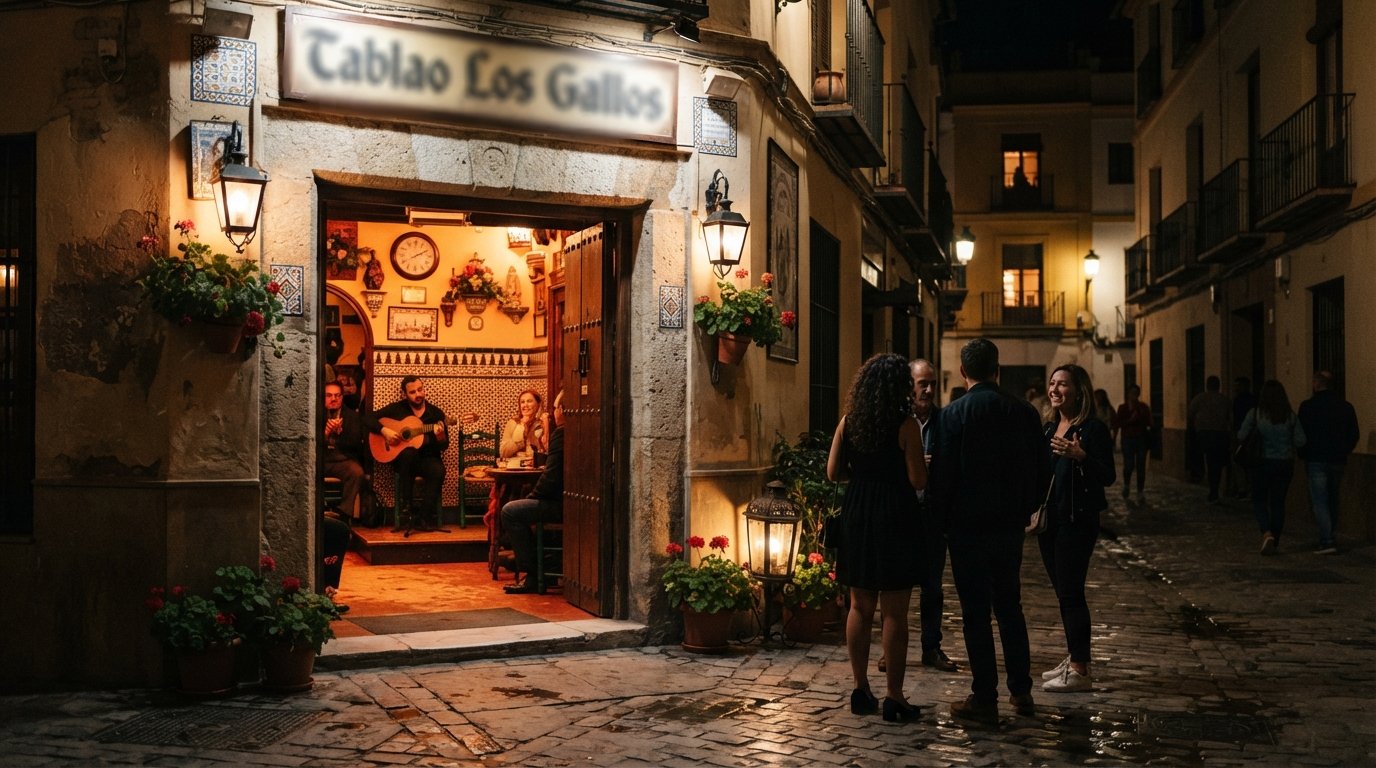 Tablao Los Gallos on Plaza de Santa Cruz at night, warm façade, intimate doorway and the glow of flamenco lights before a show