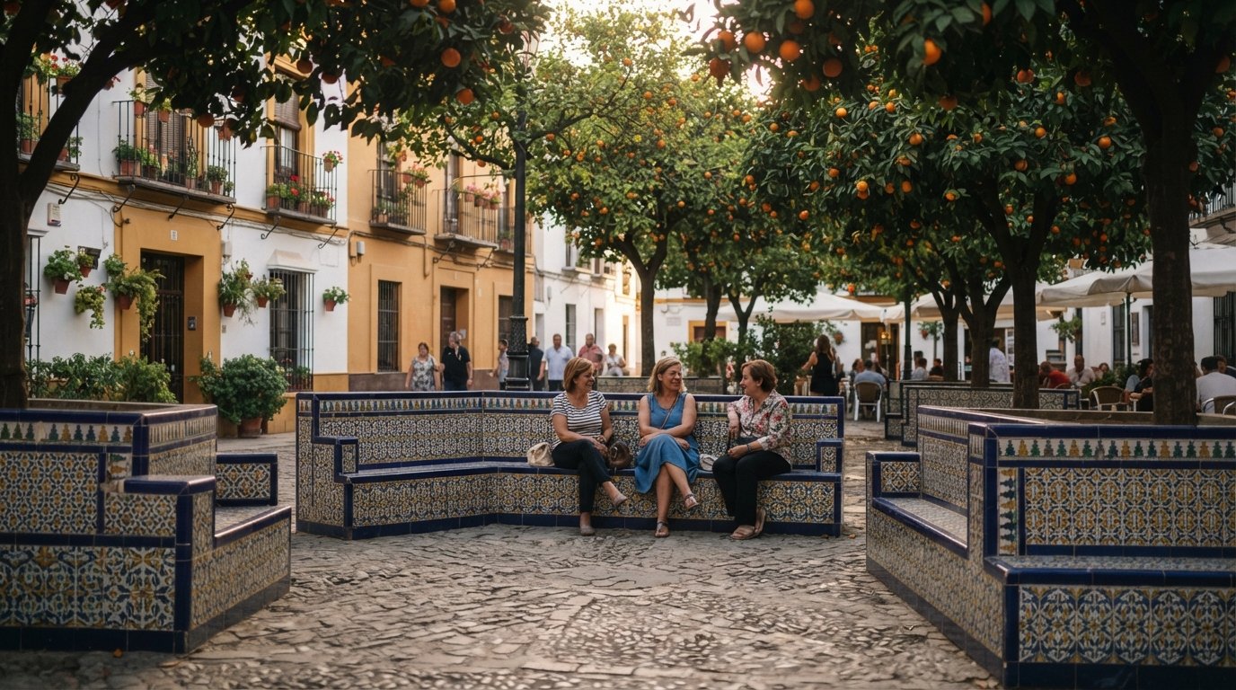 the orange trees and tiled benches of Plaza de Doña Elvira in late afternoon, with soft shadow across the small square