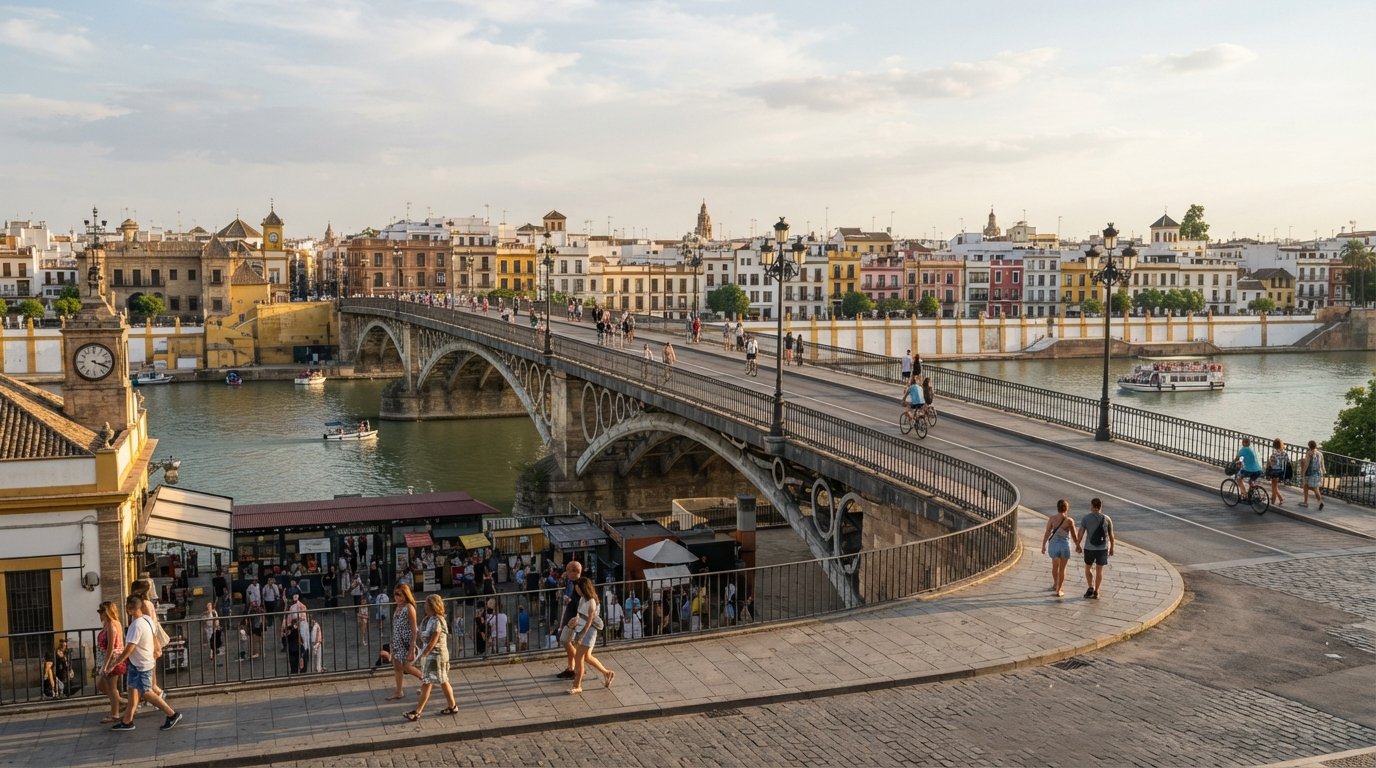 the Puente de Isabel II leading into Triana from the old centre, with the Guadalquivir below and the market at the bridge foot in late afternoon light