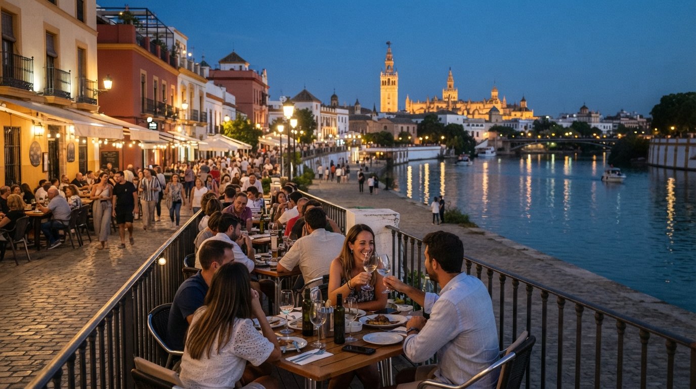 the riverside terraces on Calle Betis at dusk, with the Guadalquivir reflecting the lights of central Seville across the water