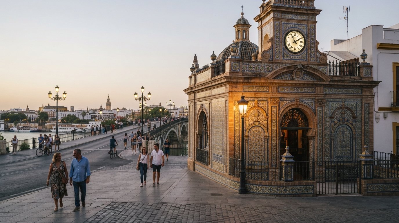 the Capilla del Carmen at the western foot of the Triana bridge, its tiled Neo-Mudéjar façade glowing in soft evening light