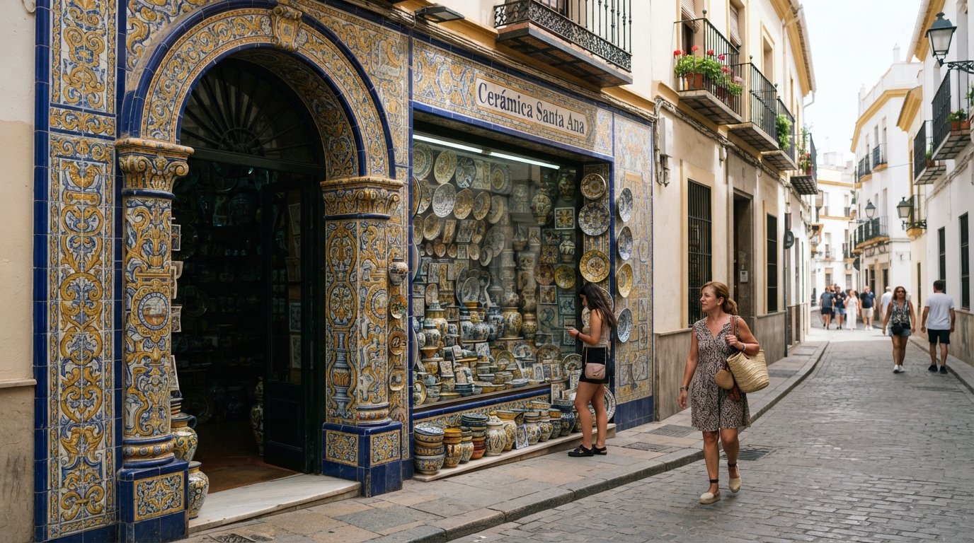 the tiled shopfront of Cerámica Santa Ana on Calle San Jorge, with hand-painted ceramics displayed in the window